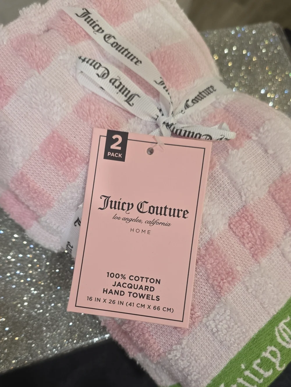 Juicy Couture Home Pink, White & Green Check Logo Cotton Jacquard Hand Towels